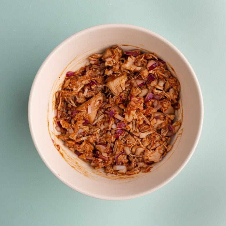 Shredded jackfruit mixed with BBQ sauce and red onion
