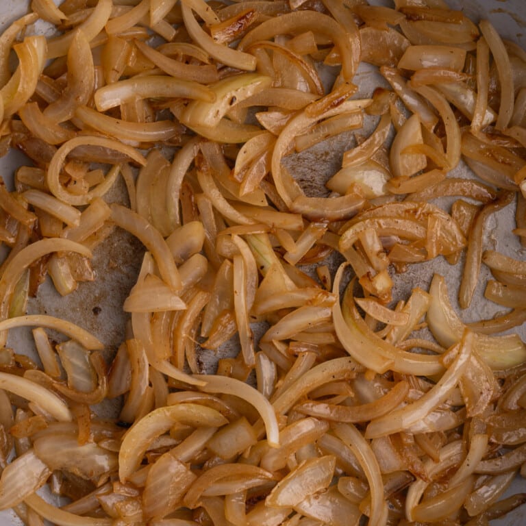 Thinly sliced caramelized onions still in the pan