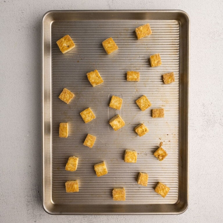 Just-baked crispy tofu fresh out of the oven