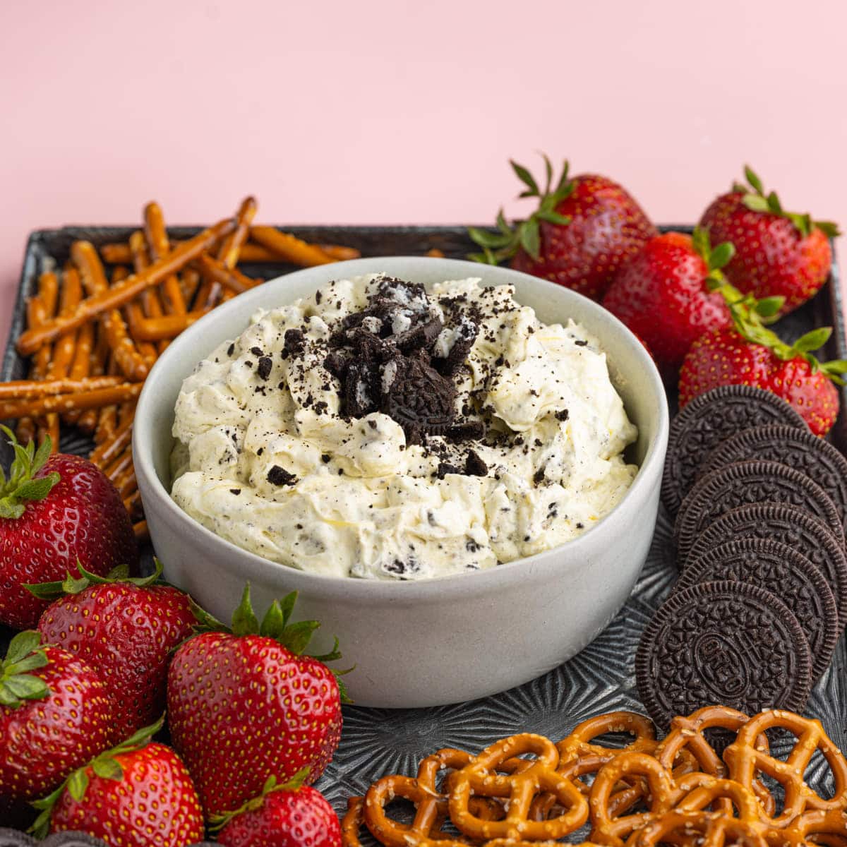 Oreo Dip served with strawberries and pretzels