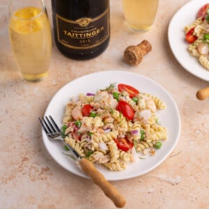 Plate of Seafood Pasta Salad served with Champagne Taittinger