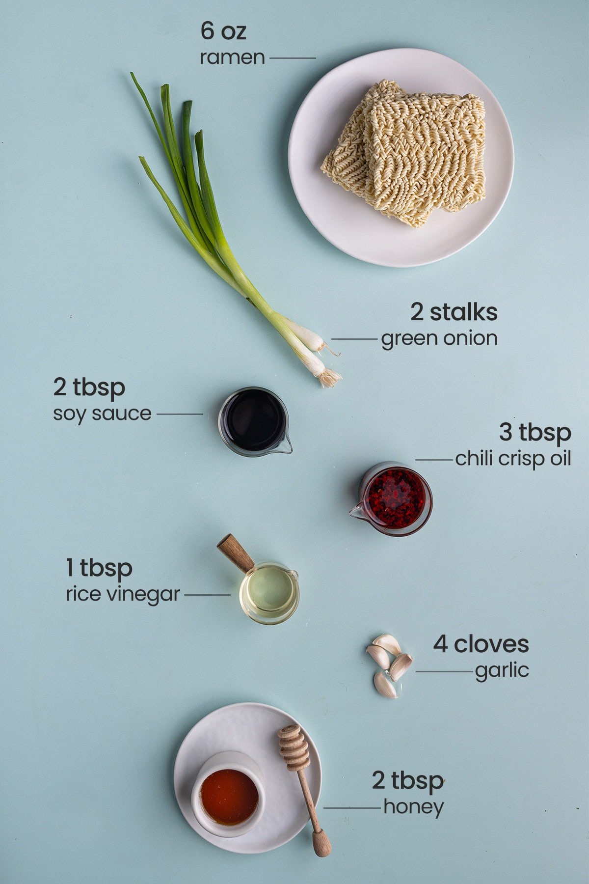 Ingredients for Spicy Garlic Noodles - ramen, green onions, soy sauce, chili oil, rice vinegar, garlic, honey