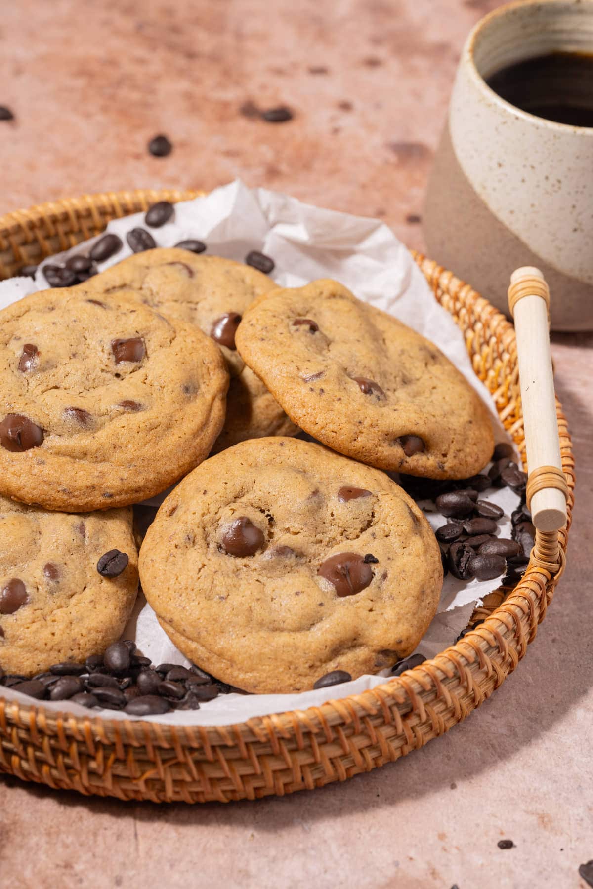 Chocolate Chip Coffee Cookies served in a trap with coffee beans