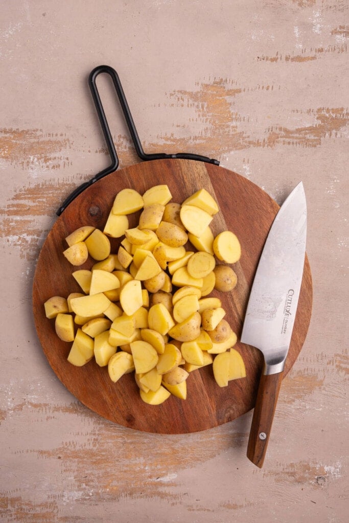 Honey gold potatoes chopped into wedges.