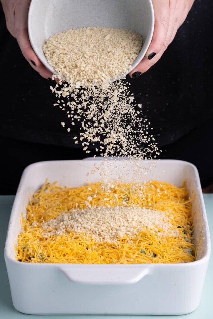 Adding top layer of panko to asparagus casserole