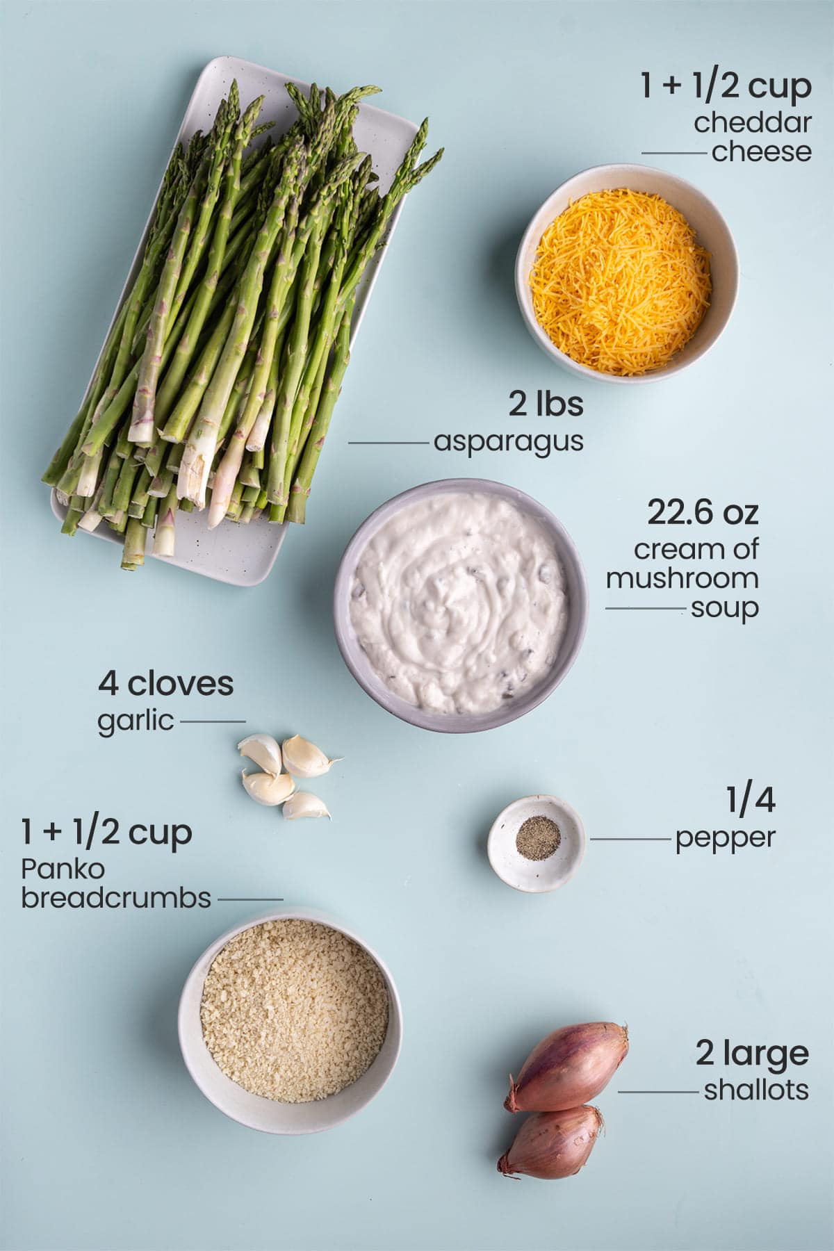 All ingredients needed for Asparagus Casserole including asparagus, cheddar cheese, cream of mushroom soup, garlic, pepper, Panko, and shallot