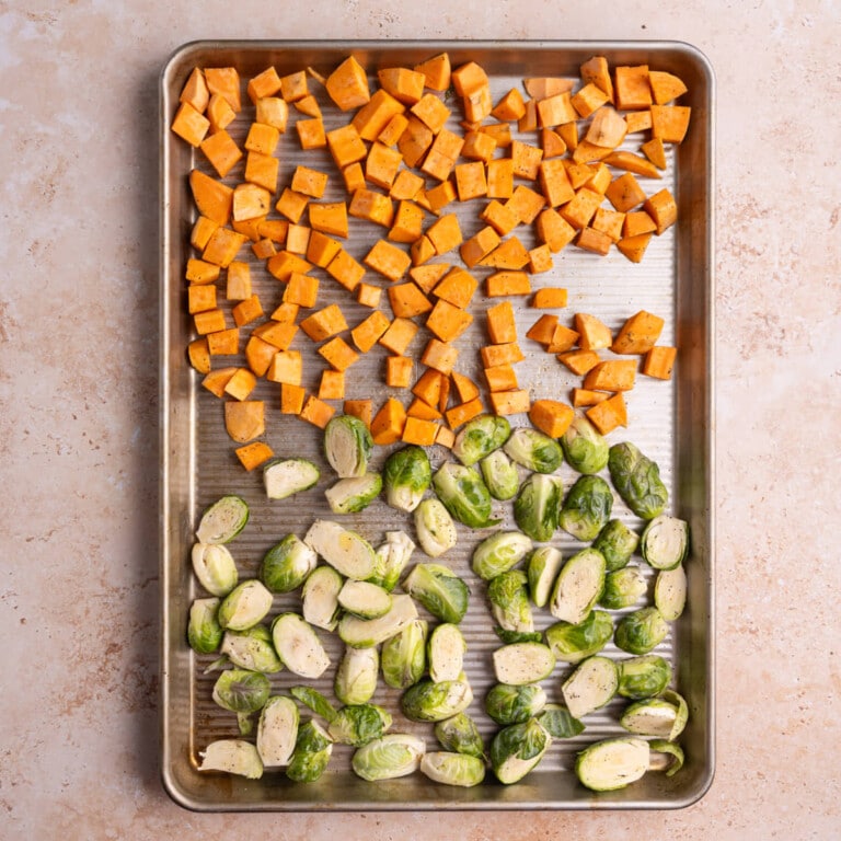Cubed sweet potatoes and sliced brussels sprouts