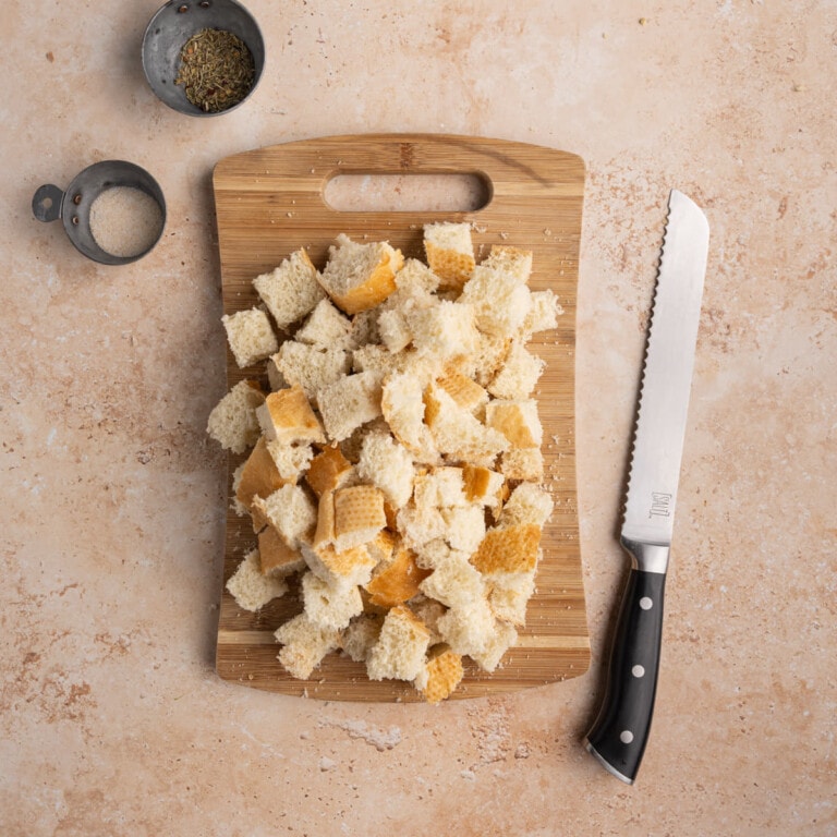 Cubed French baguette to be made into croutons