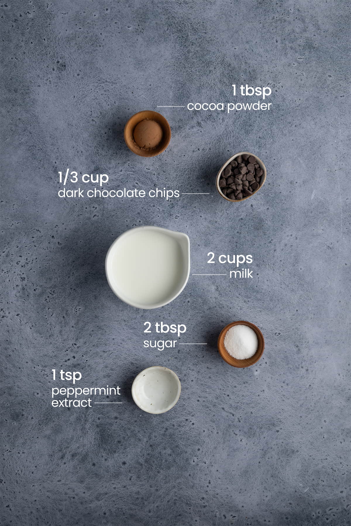 ingredients for peppermint hot chocolate - cocoa powder, dark chocolate chips, milk, sugar, peppermint extract
