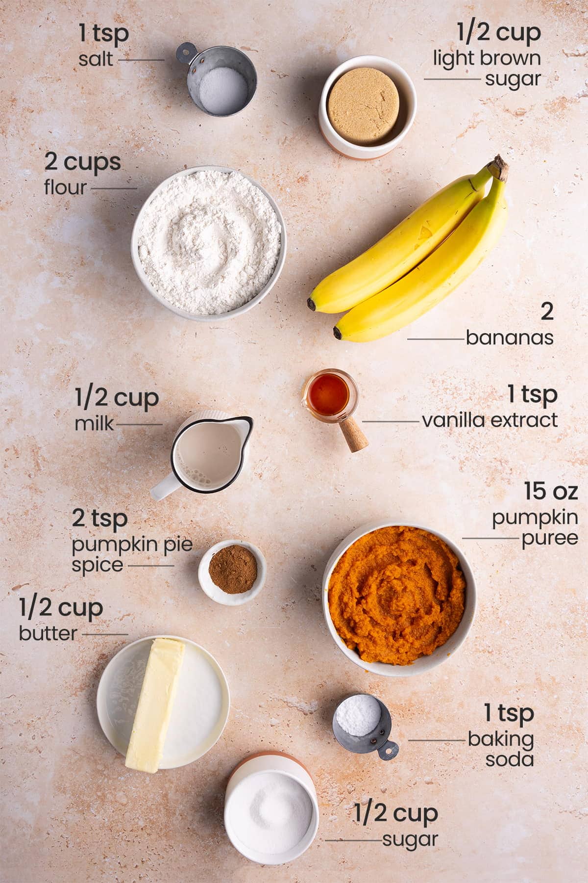 All ingredients needed for Pumpkin Banana Muffins including salt, brown sugar, granulated sugar, bananas, pumpkin pie spice, vanilla extract, milk, pumpkin puree, unsalted butter, and salt
