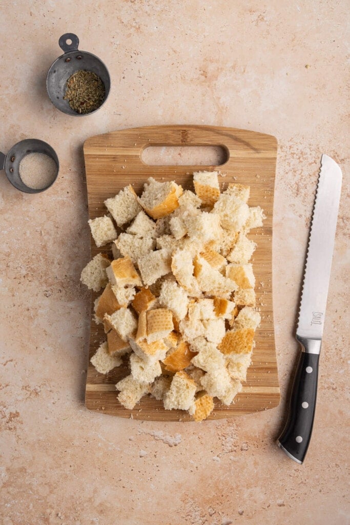 Cubed baguette to make homemade croutons