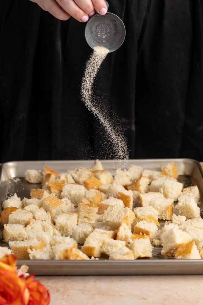 Adding garlic salt to season croutons