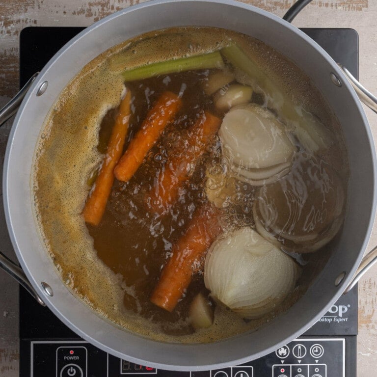Carrots, celery, onion, and garlic boiling in vegetable broth.