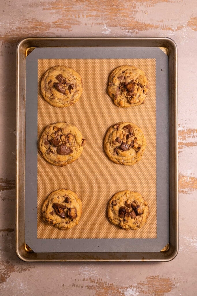 Leftover Halloween Candy Cookies fresh out of the oven still on cookie sheet.