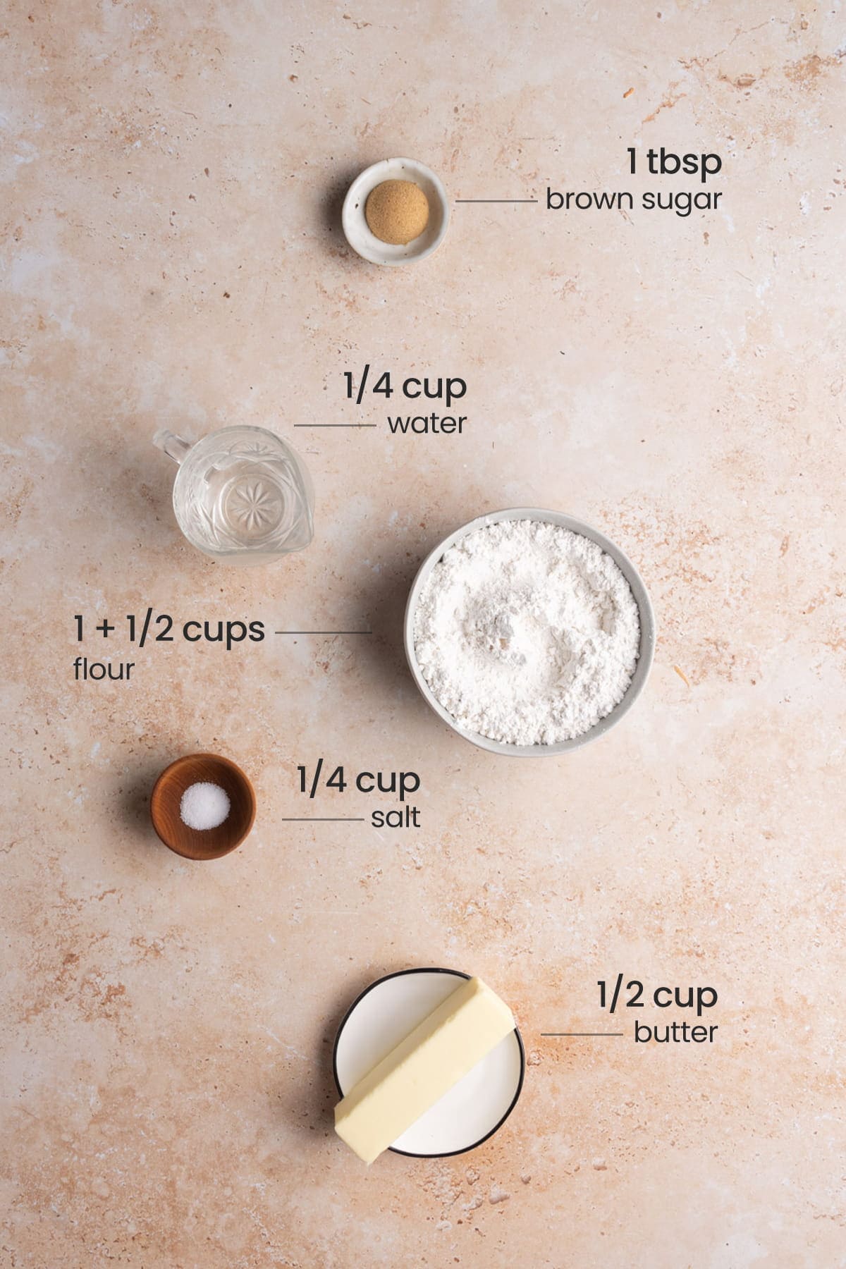blender pie crust ingredients - brown sugar, water, flour, salt, butter