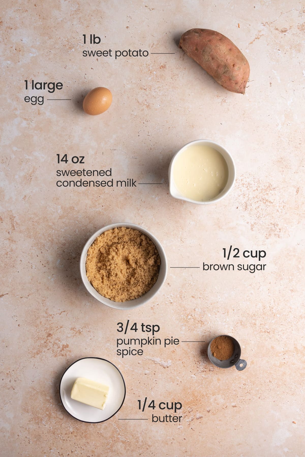 ingredients for sweet potato pie filling - sweet potato, egg, sweetened condensed milk, brown sugar, pumpkin pie spice, butter