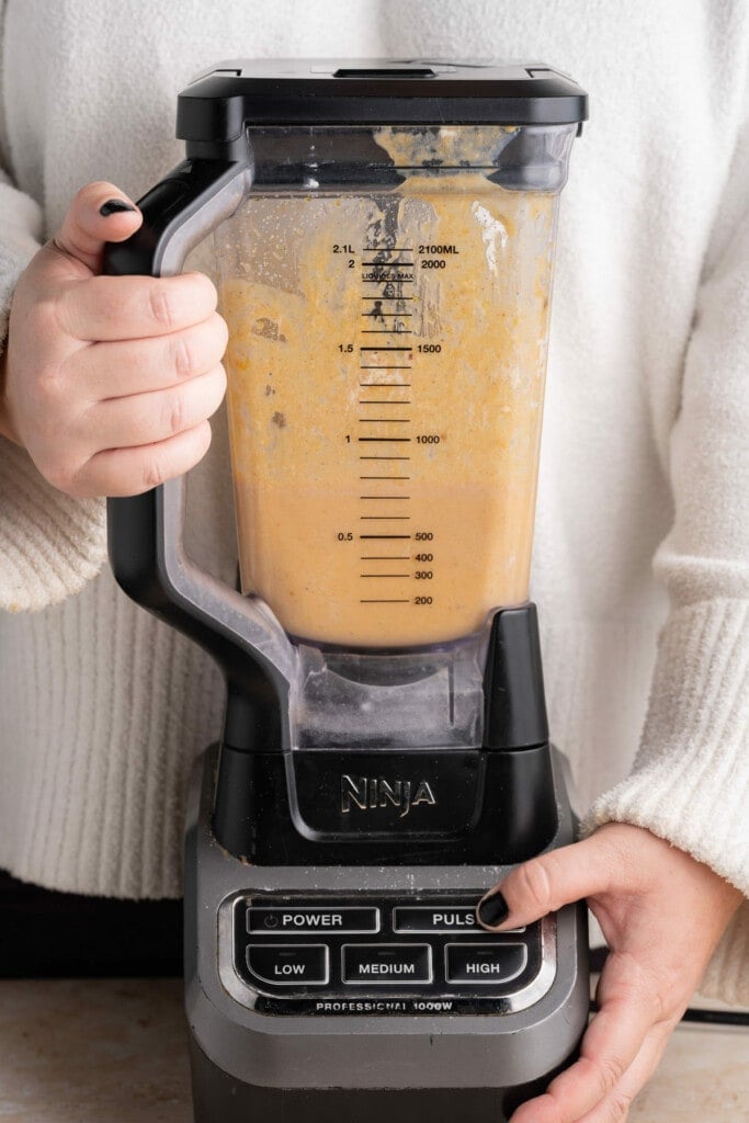 Pulsing sweet potato pie filling after adding the egg.