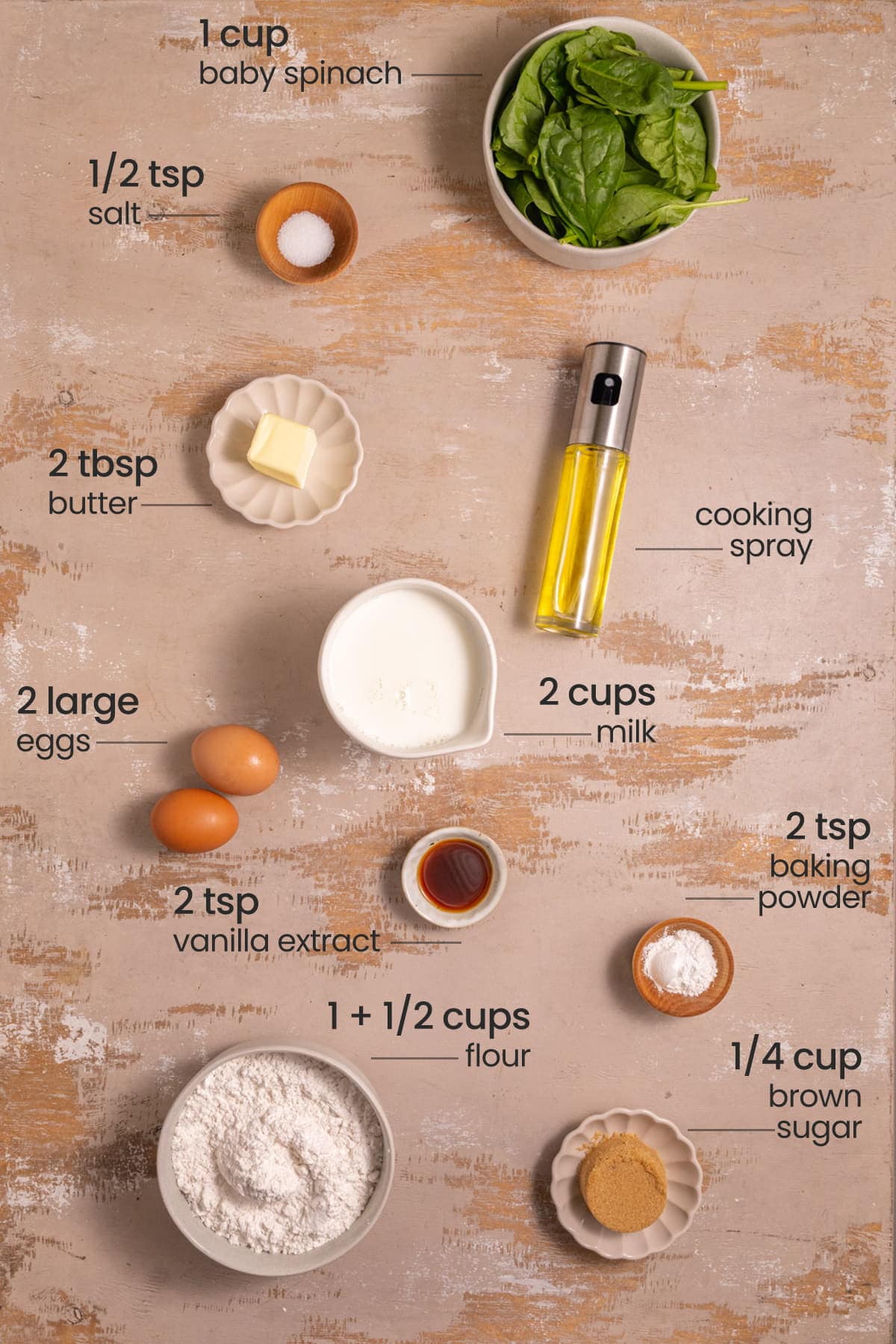 all ingredients for Easy Baked Christmas Pancakes - baby spinach, salt, butter, eggs, cooking spray, milk, vanilla extract, flour, brown sugar, baking powder