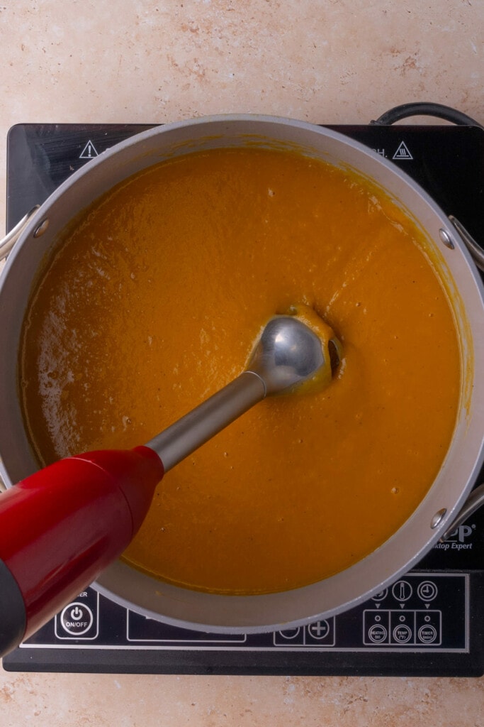 Using an immersion blender to get a really smooth and creamy squash soup.