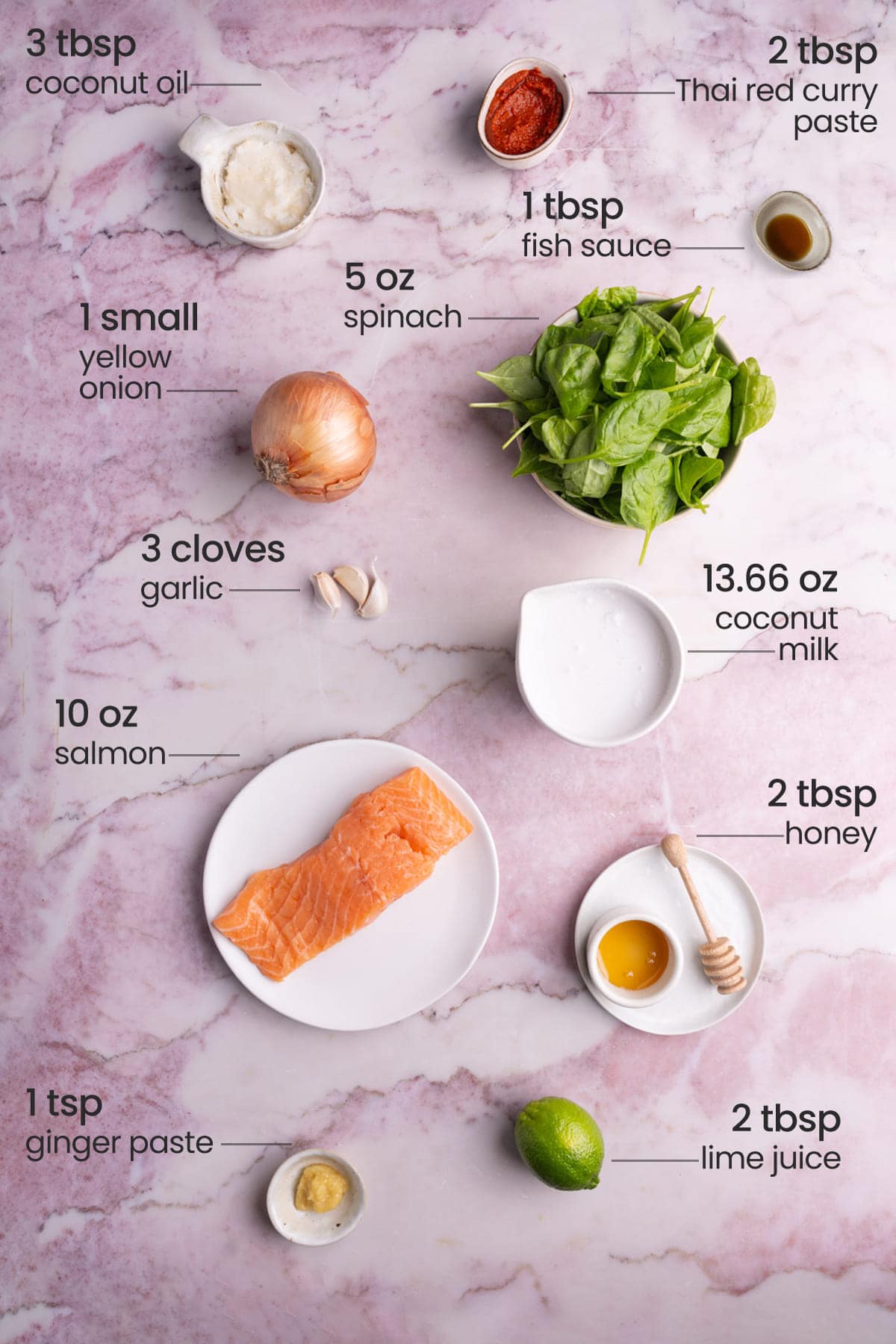 all ingredients for Salmon Coconut Curry - coconut oil, spinach, Thai red curry paste, fish sauce, sweet onion, garlic, coconut milk, salmon, honey, ginger paste, lime juice