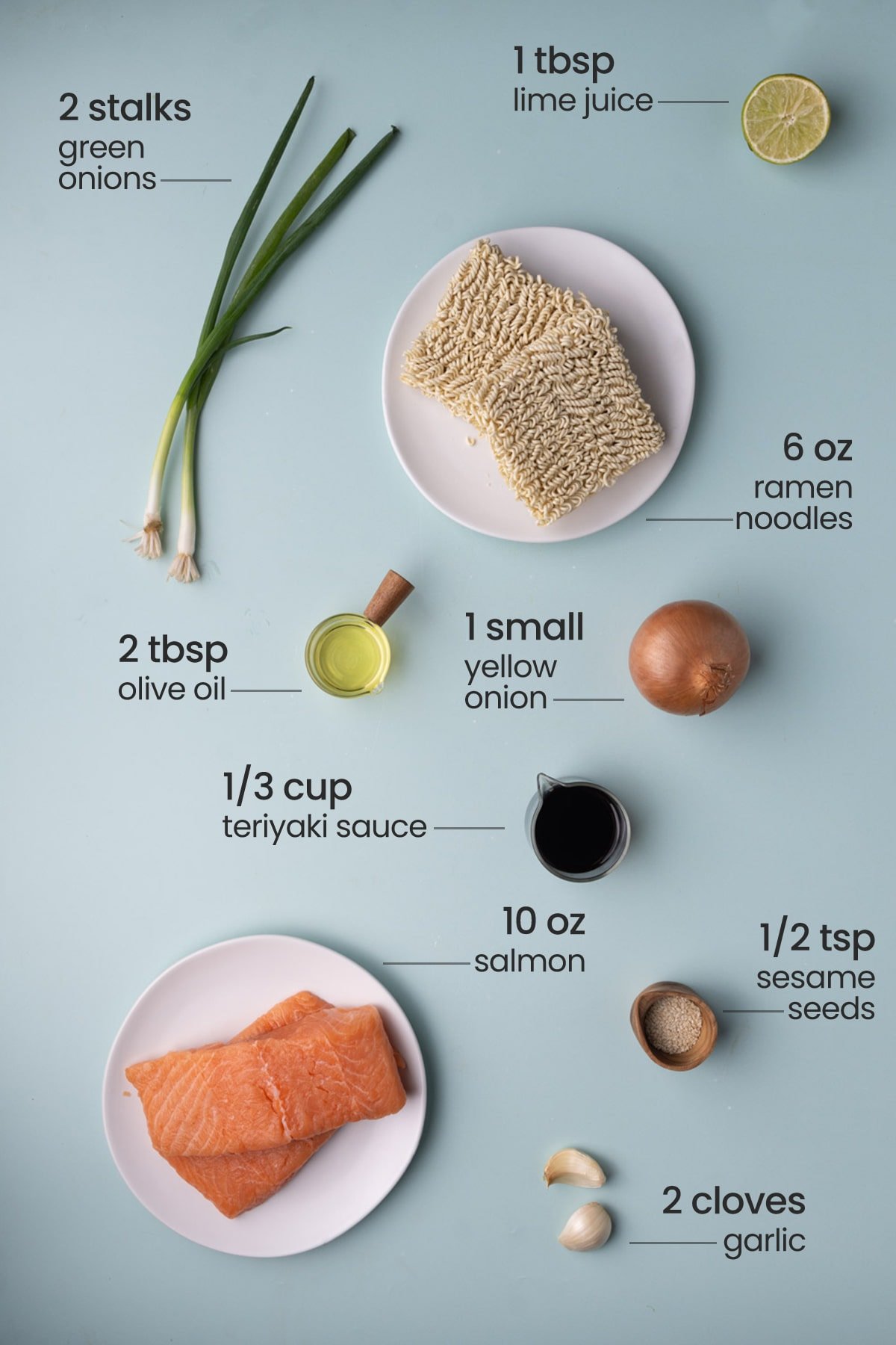 All ingredients for Teriyaki Salmon Noodles Ingredients - green onions, lime juice, ramen noodles, olive oil, yellow onion, teriyaki sauce, salmon, sesame seeds, garlic cloves