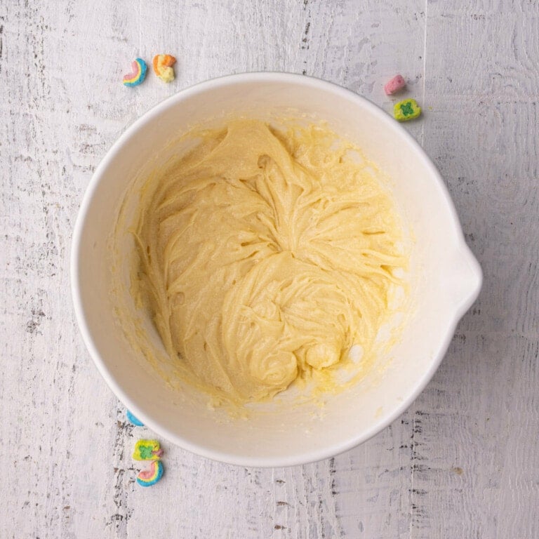 Creamed butter and sugar mixed with egg and vanilla extract.