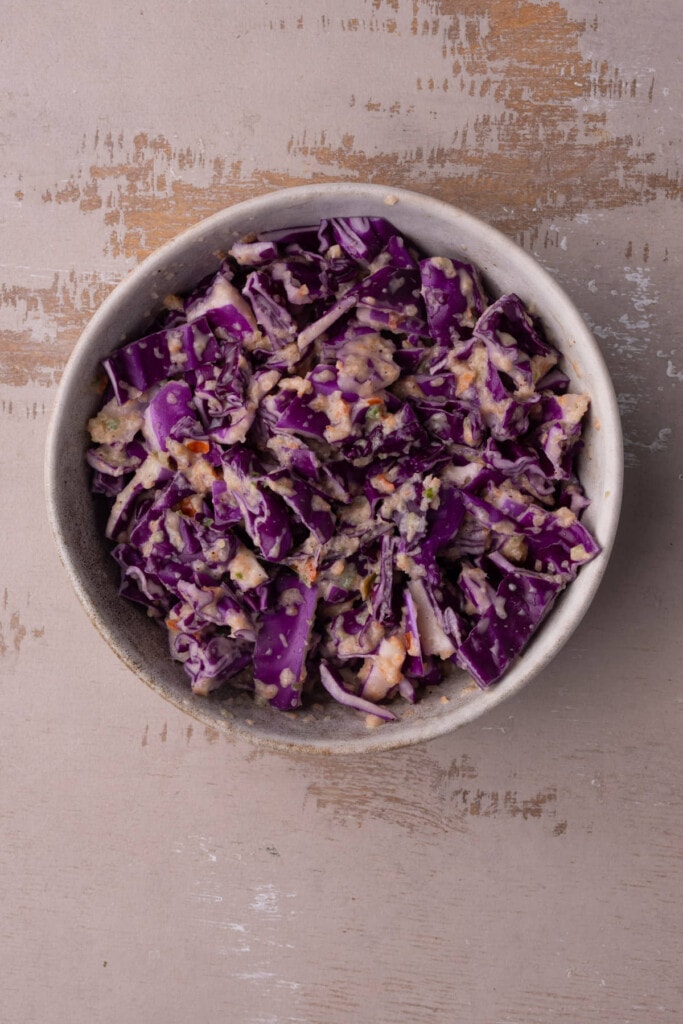 Sweet and spicy red cabbage coleslaw.