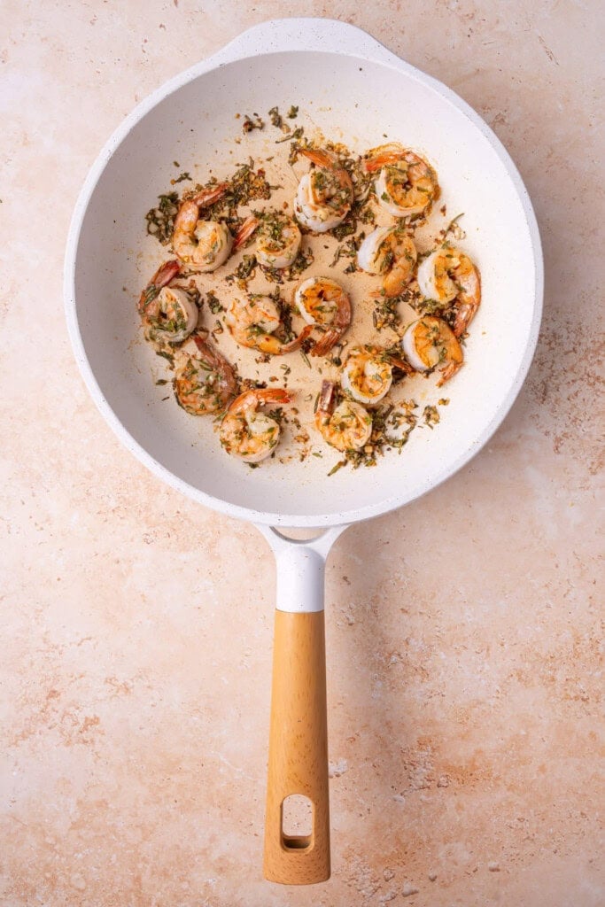 Pan-seared large white shrimp in an herb vinegar marinade.