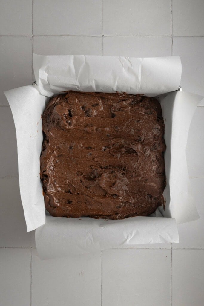 Chocolate chip brownies ready to bake in the oven.