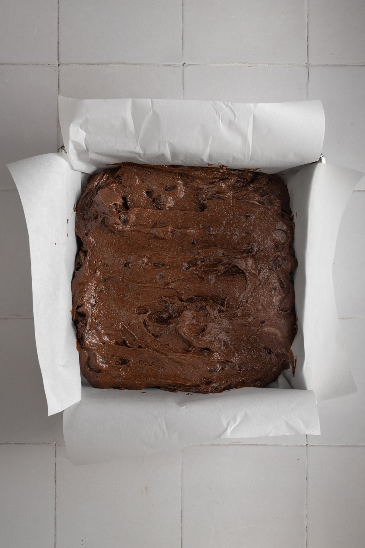 Chocolate chip brownies ready to bake in the oven. 