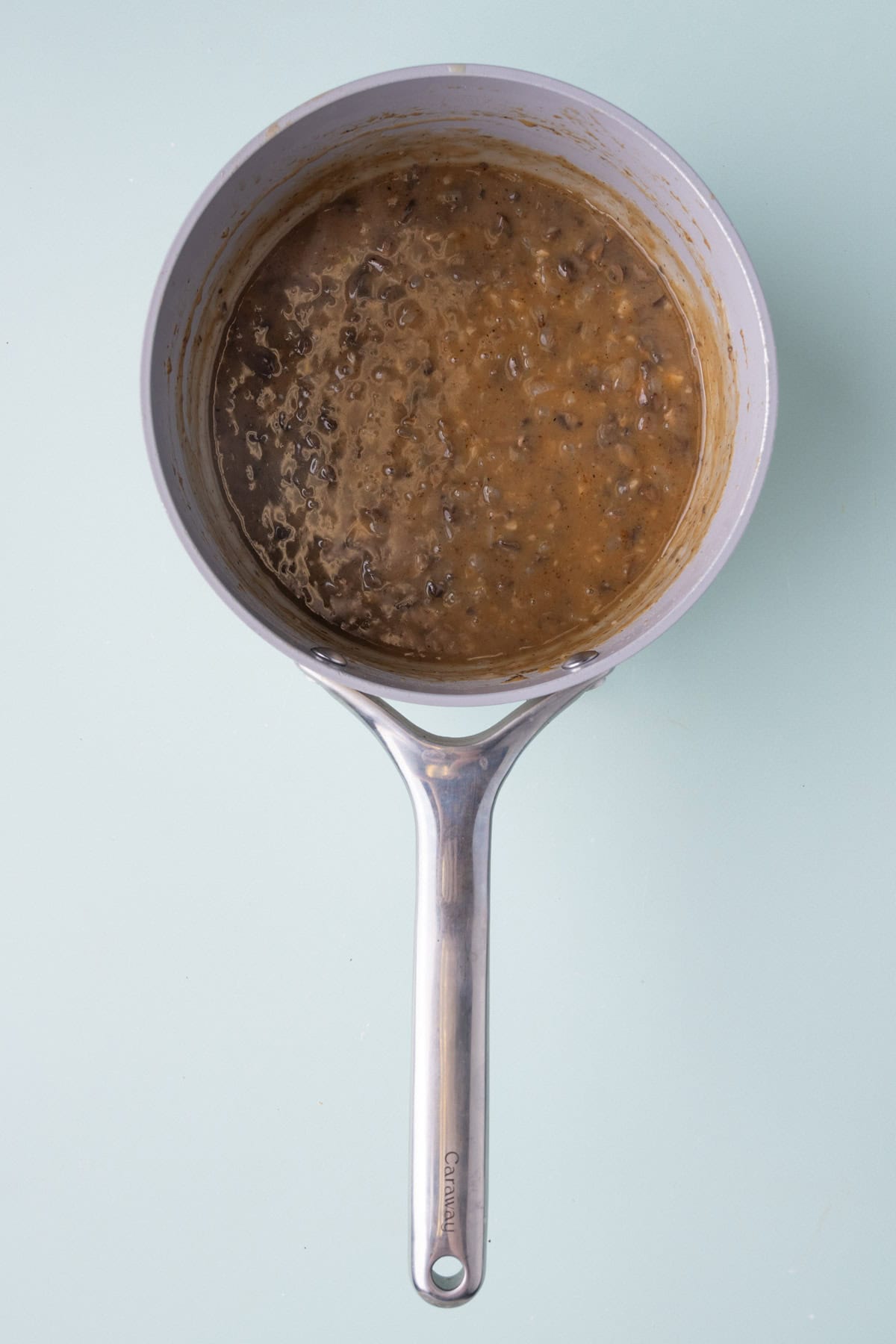 Mushroom gravy in a saucepan ready to serve. 