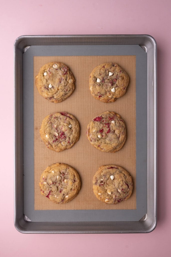 Raspberry white chocolate cookies fresh out of the oven.