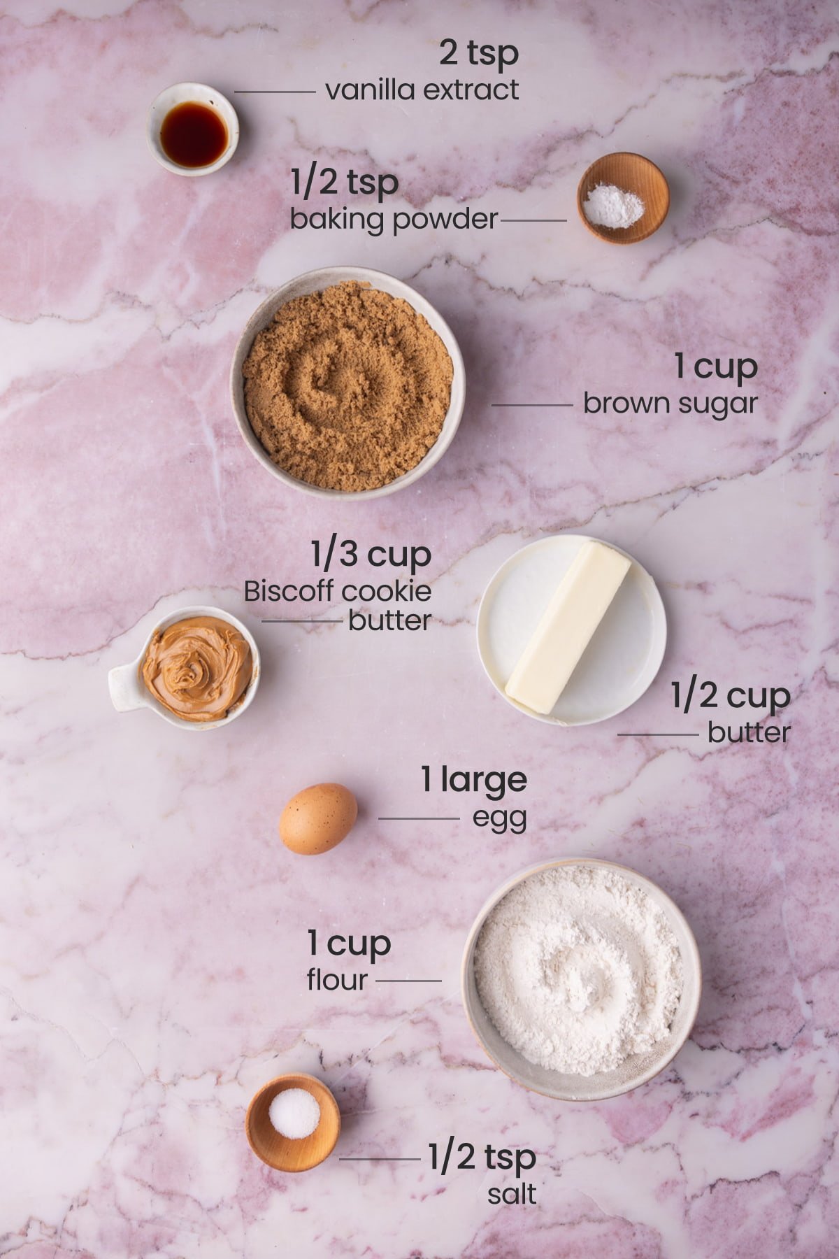 overhead view of all ingredients for Biscoff Blondies - vanilla extract, baking powder, brown sugar, Biscoff cookie butter, butter, egg, flour, salt
