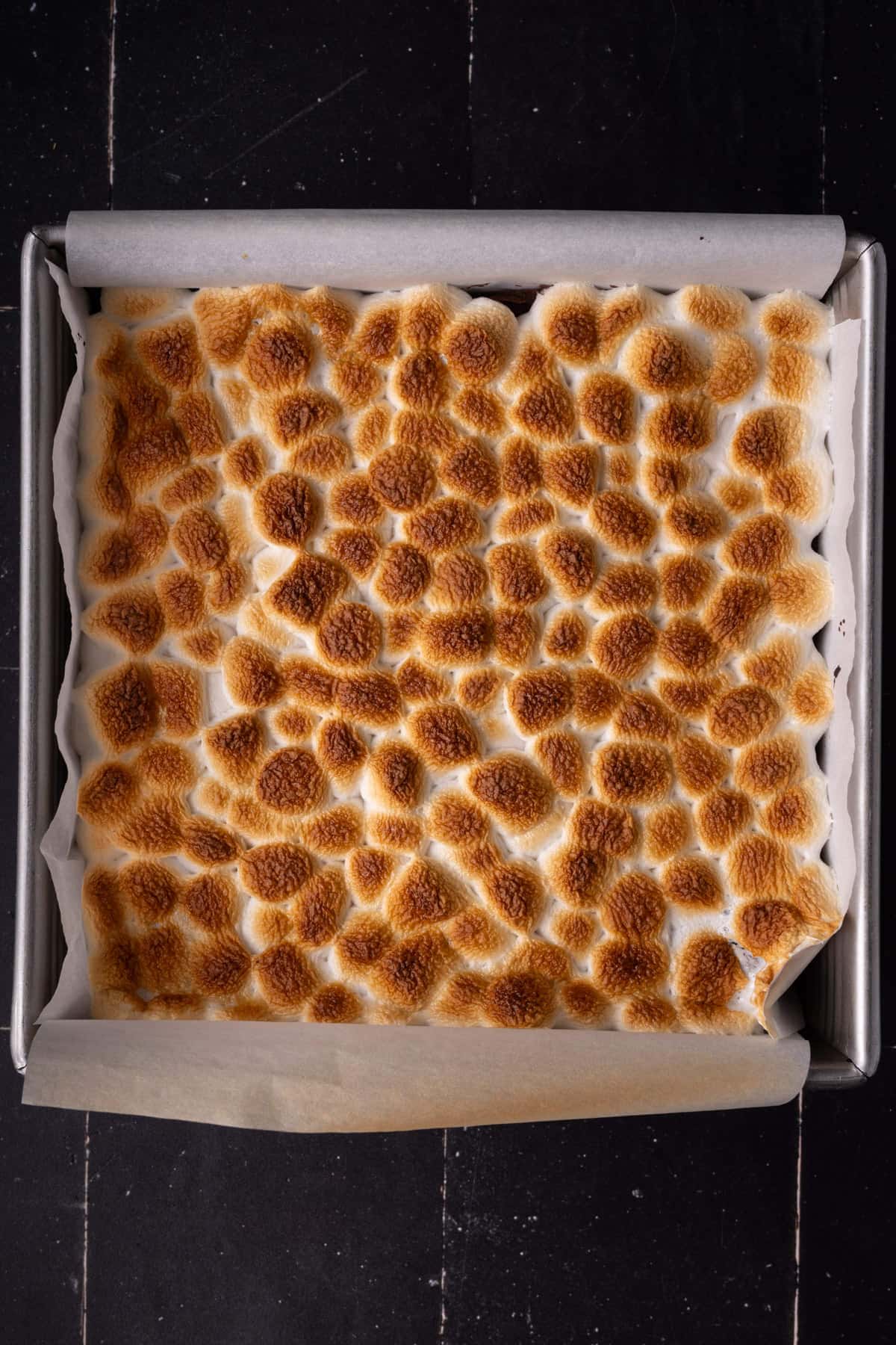 Toasted marshmallows on top of brownies.