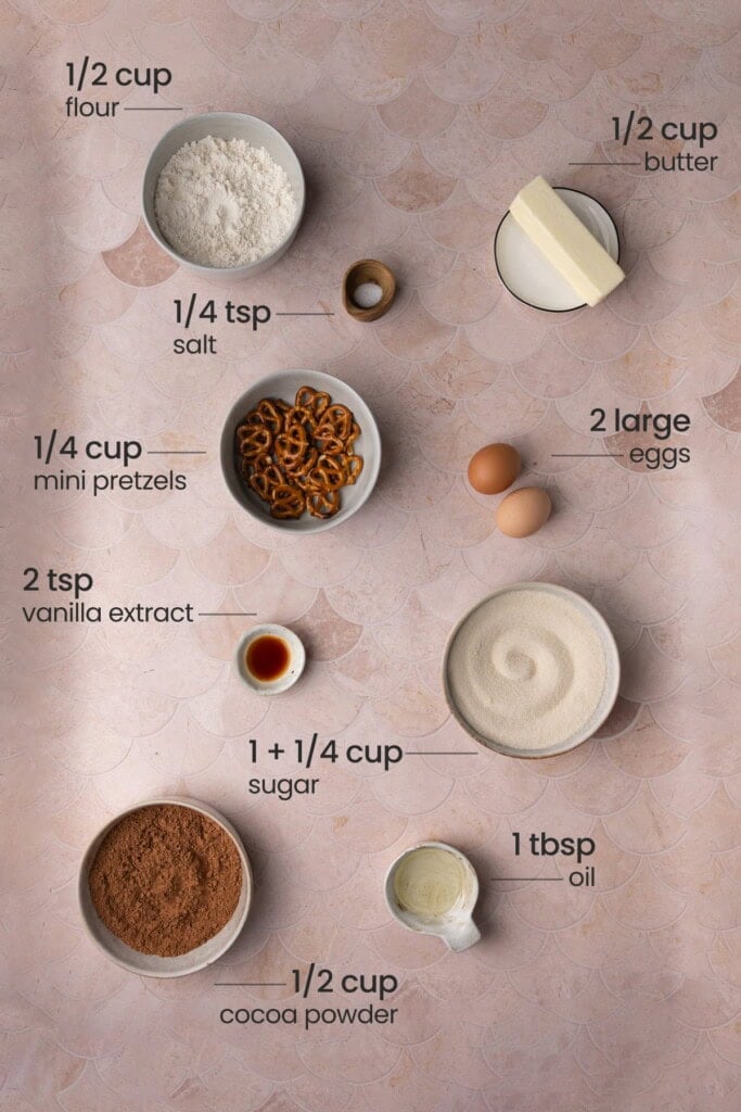 Overhead view of all the ingredients needed for a pretzel brownie - flour, butter, salt, eggs, mini pretzels, vanilla extract, sugar, oil, and cocoa powder.