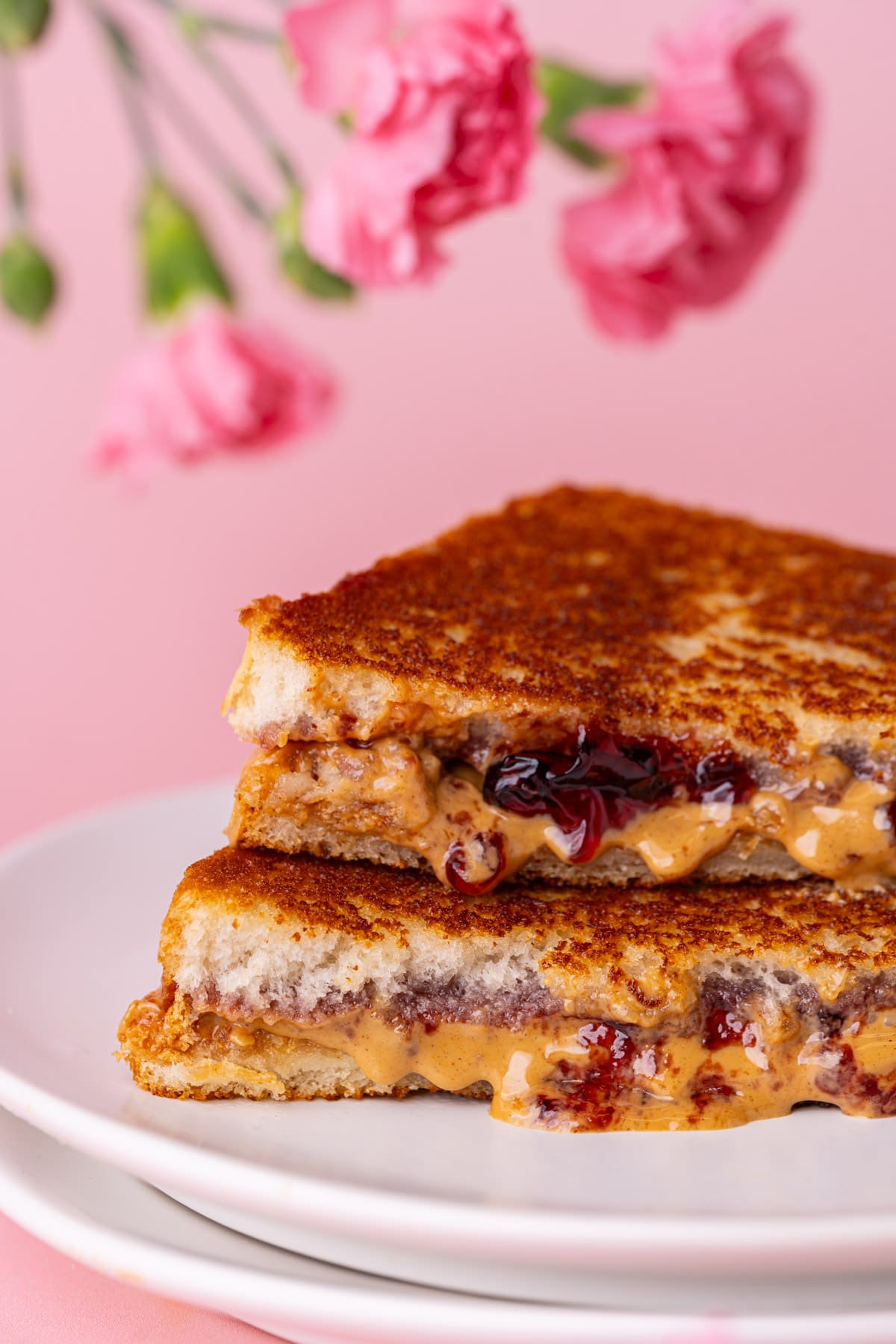 Close up crop of a toasted PB&J sandwich. 