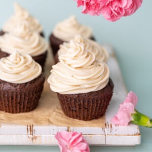 Chocolate cupcakes with generous piping of Irish Cream Buttercream on top.