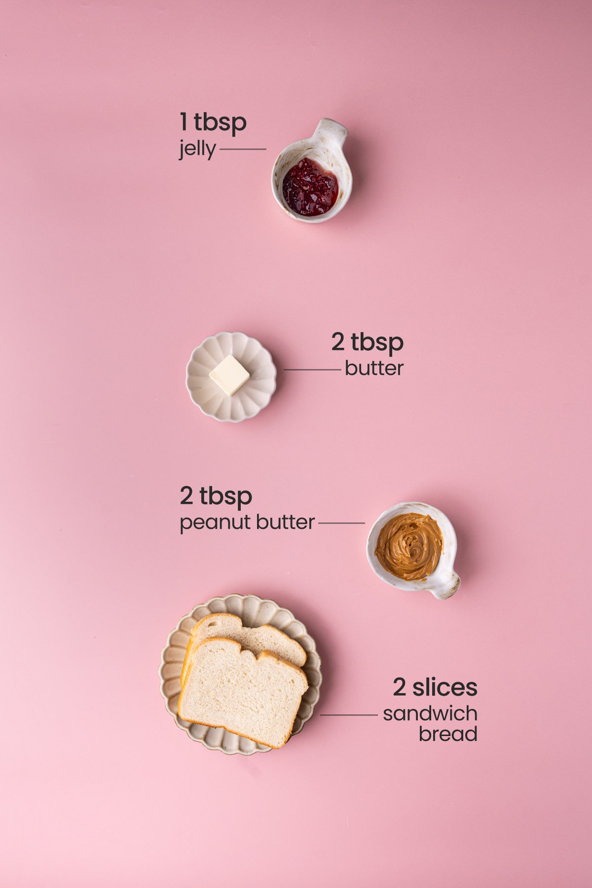 Overhead view of all the images needed for a pan-friend peanut butter and jelly sandwich - jelly, butter, peanut butter, and 2 slices of bread.