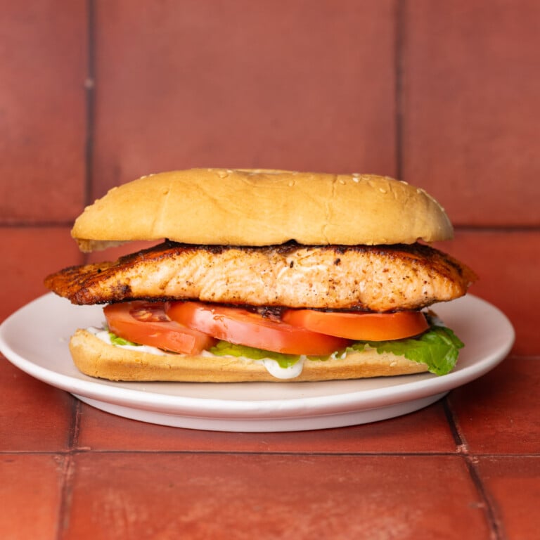Simple salmon sandwich on a hoagie roll.