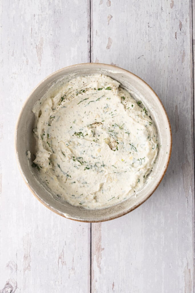 Ricotta mixed with minced garlic and chopped fresh dill.