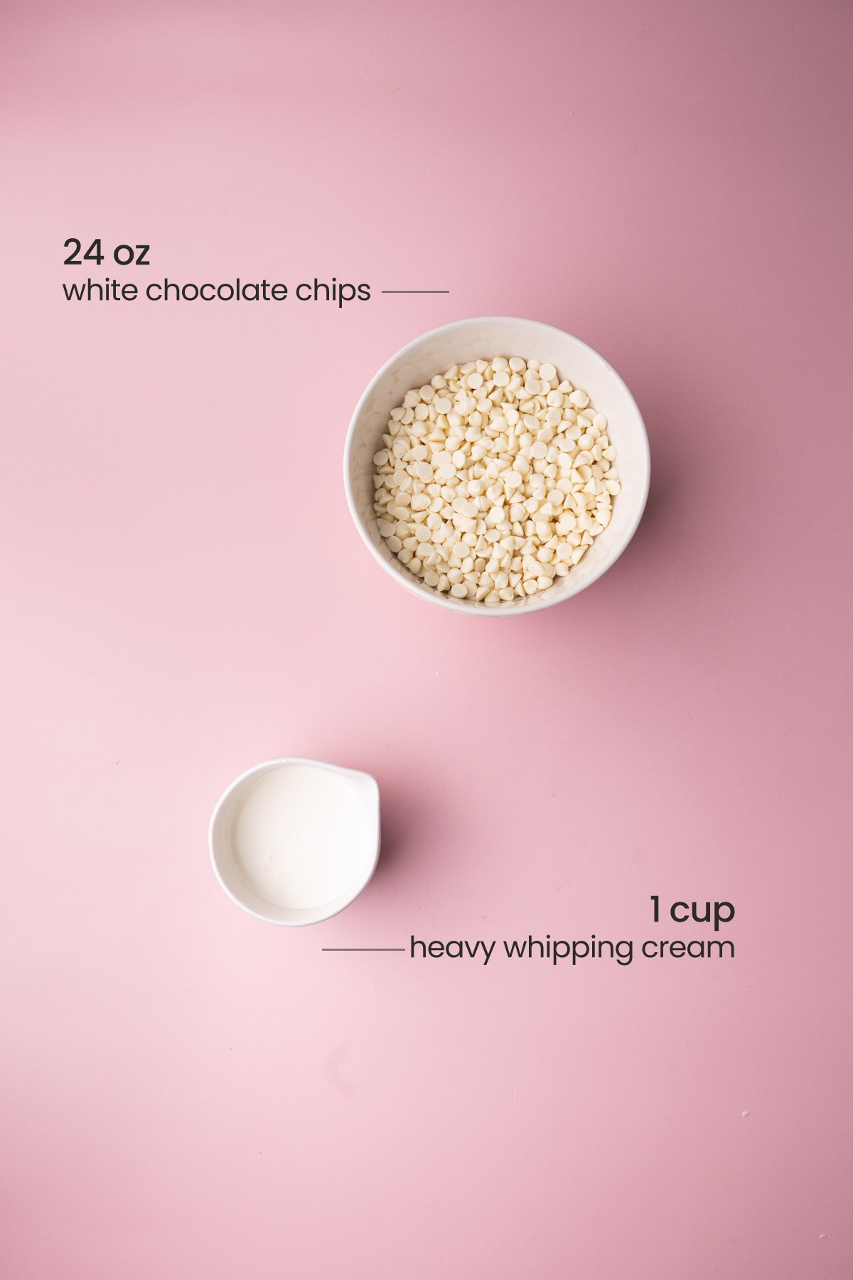 Overhead view of the ingredients needed for white chocolate ganache - white chocolate chips, and heavy cream.