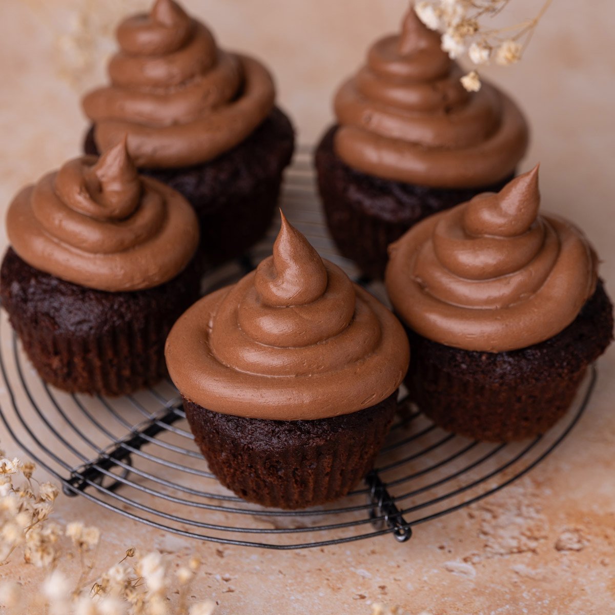 Five chocolate cupcakes frosted generously with chocolate cream cheese frosting.