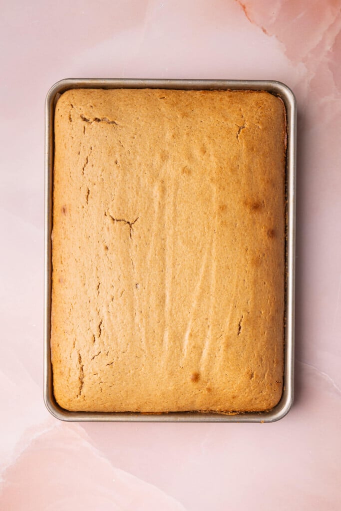 Just baked moist peanut butter cake still in the pan. 