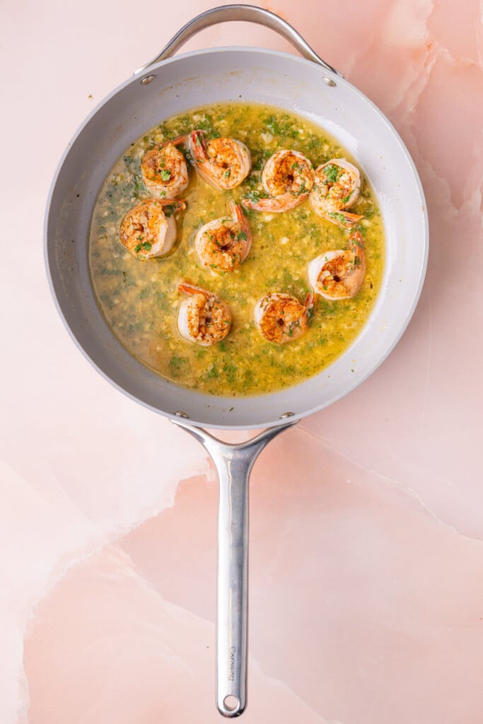 Cajun shrimp scampi hot in a pan ready to serve.