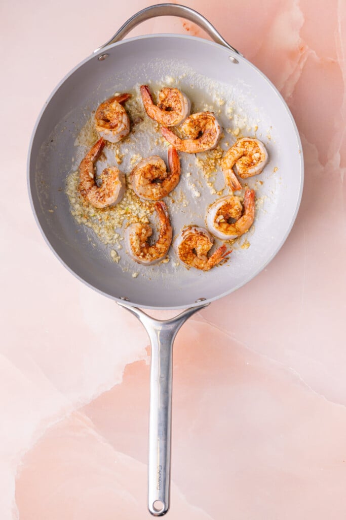 Cajun shrimp pan-frying in garlic and butter. 