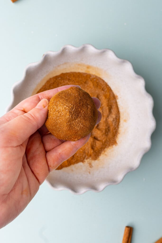 Snickerdoodle cookie dough fully coated in an even layer of cinnamon sugar.