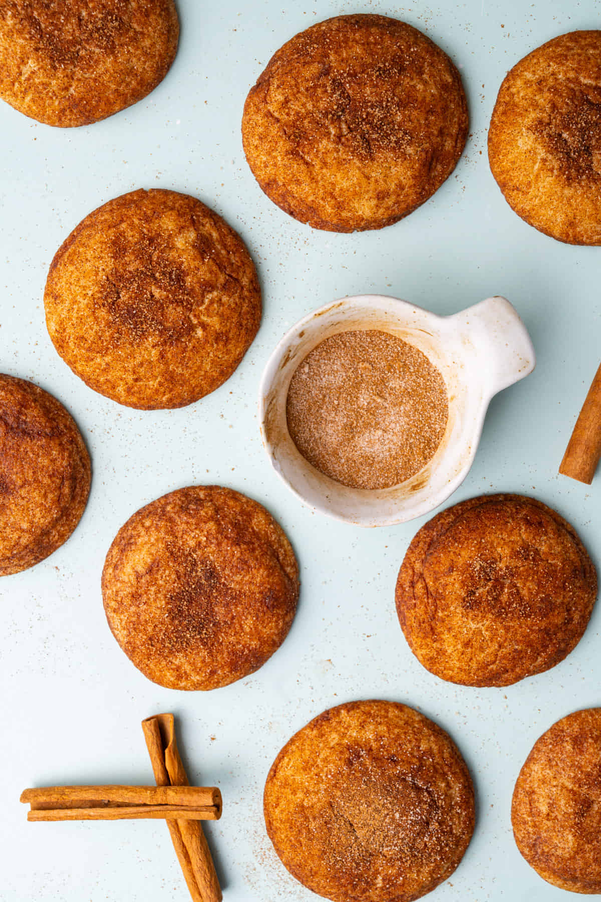Overhead image of freshly baked snickerdoodle cookies on a blue background. 
