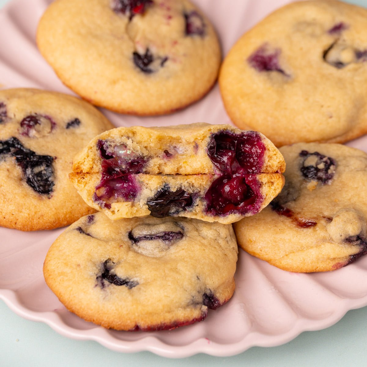 Plate full of blueberry cookies, focused on one that is split in half to show the inside.