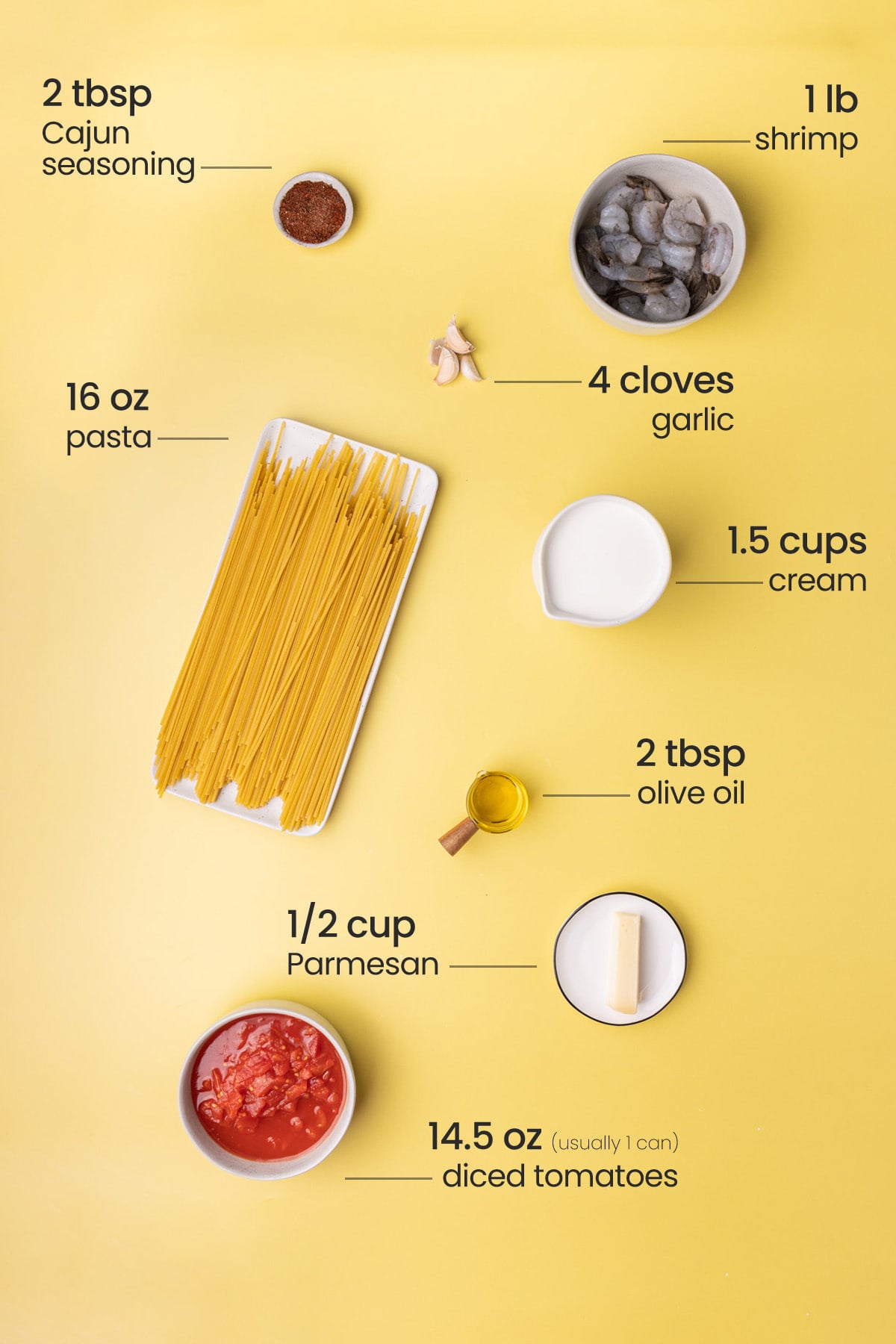 Overhead view of the ingredients needed for creamy Cajun pasta - Cajun seasoning, shrimp, pasta, garlic, cream, olive oil, Parmesan, and diced tomatoes.