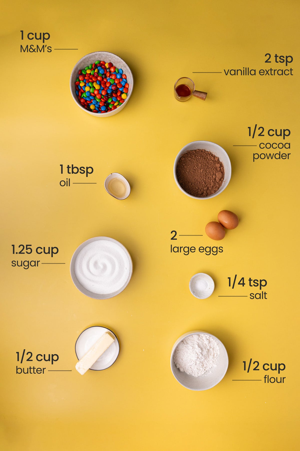 Overhead view of all the ingredients for M&M Brownies - M&M's, vanilla extract, oil, cocoa powder, eggs, sugar, salt, butter, and flour.